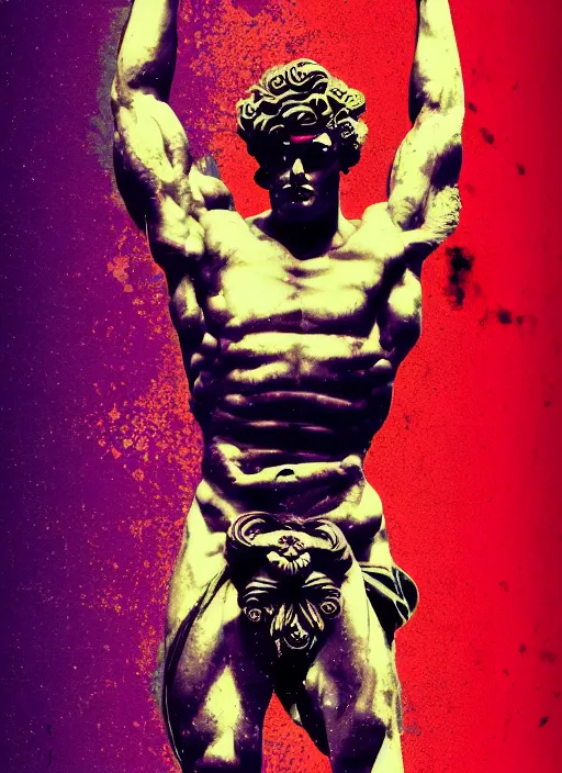 Prompt: black background with red and purple design elements, statue of hercules, ( ( ( skeleton ) ) ), grey, thin lines, dark,, glitch art, neo vaporwave, gritty, movie poster, layout design, trending on artstation