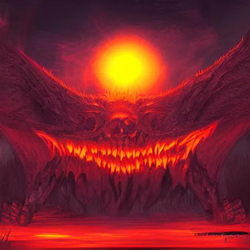 Image similar to hellish demons rising from the ground, orange sky, digital art