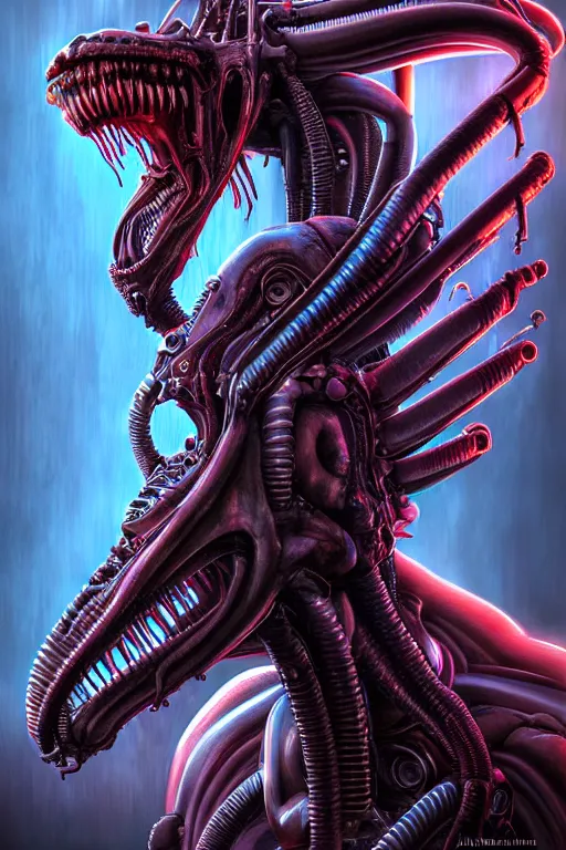 Image similar to horrifying cinematic neon acid biomechanical xenomorph poster, hybrid from doom and art direction by h r giger ; by artgerm ; wayne reynolds art station ; cinematic quality character render ; low angle ; ultra high quality model ; production quality cinema model ;