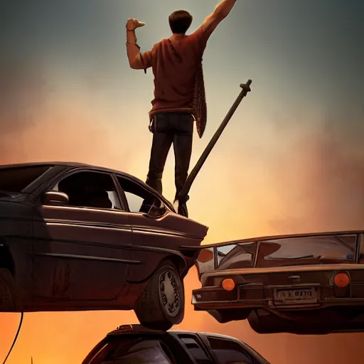 Prompt: man standing on a pile of cars, torch in hand, sunset, concept art, intricate details, highly professionally detailed, cgsociety, highly detailed -