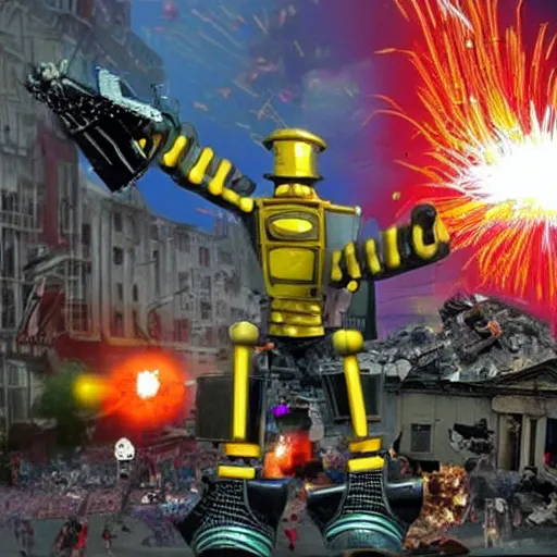 Image similar to giant toy soldier robot destroying a city explosion, panic, chaos