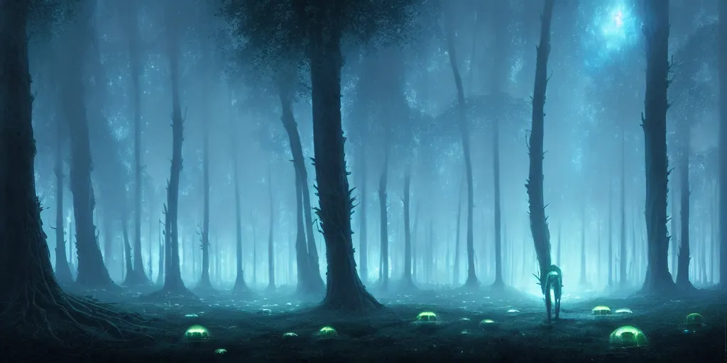 Prompt: strange alien forest, glowing fungus, misty, blue glowing horizon, millions of fireflies, ultra high definition, ultra detailed, symmetry, sci - fi, dark fantasy, by greg rutkowski and ross tran
