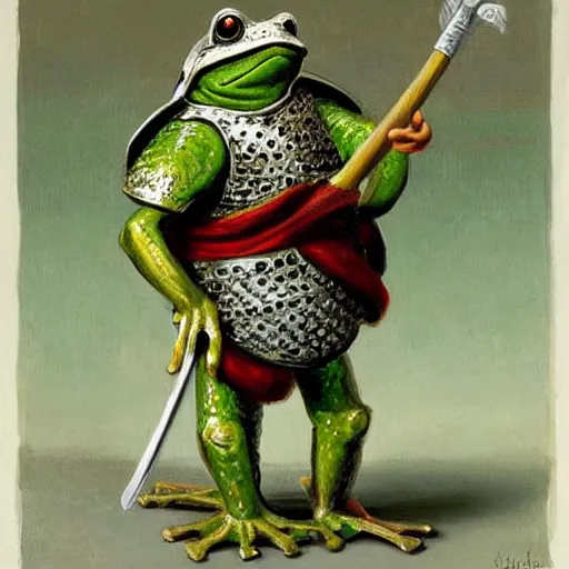 Image similar to frog wearing knight armor, painting