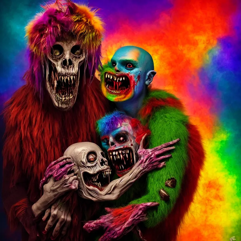 Prompt: a beautiful, colorful, flesh - eating, whimsical monster with rainbow fur, eating a terrified man, by alexandro judorowski and basia tran, fear, morbid, nightmare, supernatural, 8 k, digital art, highly detailed, chiaroscuro, creepy, terrifying