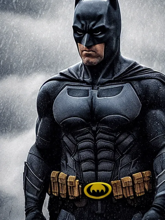 Image similar to film still, ryan reynolds as batman, no mask, hyperrealism, moody lighting, rain, intricate, 8 k