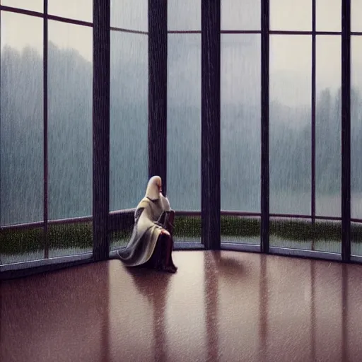 Prompt: on a rainy day, the girl sits in a clean high - end coffee shop and looks out the window, illustration, concept art, elegant, smooth, serene landscape, lonely, sad, caspar david friedrich, beeple