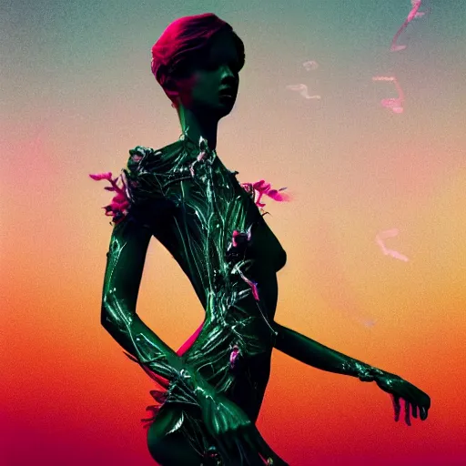 Prompt: flume and former cover art future bass girl un wrapped statue bust curls of hair petite fertility lower body legs lush desire photography model full body intimate art futuristic branches fractal material style of Jonathan Zawada, Thisset colours