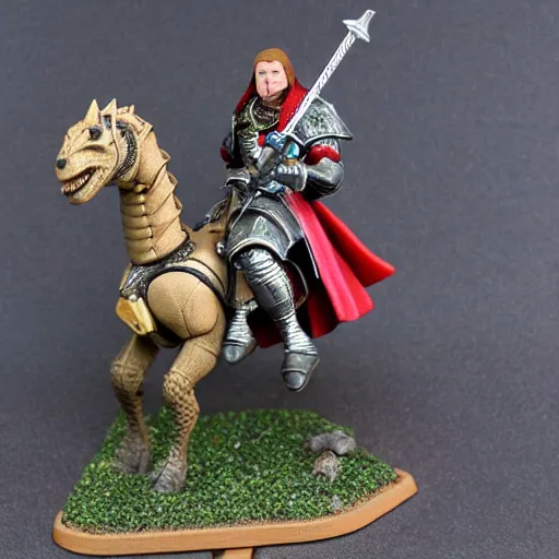 Prompt: D&D, high detail, miniature of medieval knight riding a dinosaur, heavy cavalry, Asgard rising, MyMiniFactory, 28mm scale