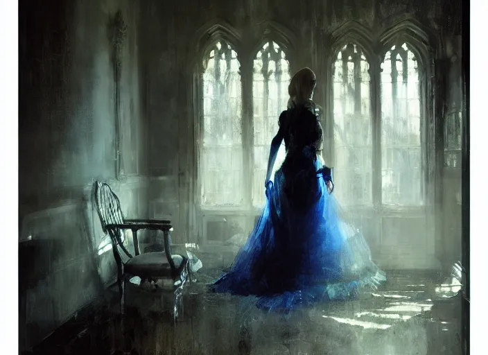 Prompt: portrait of woman in dress, detailed, by jeremy mann, gothic mansion room, blue tones, by alexander fedosav, wooden floor, digital artwork, paint, elegant