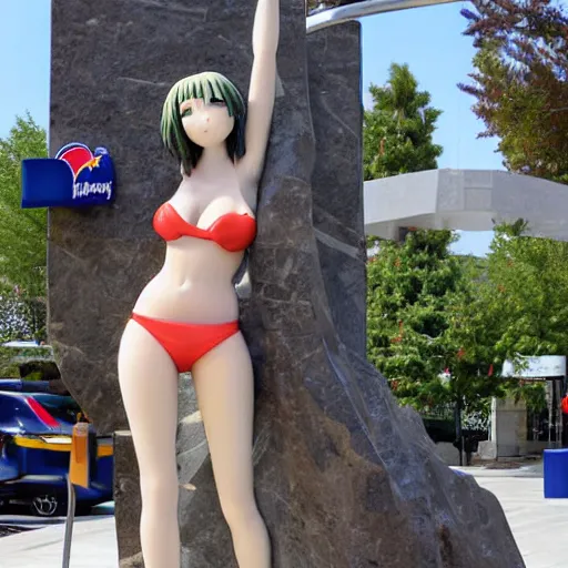 Image similar to a granite statue of anime girl in bikini, infront of the burger king, photograph