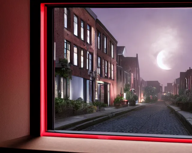 Image similar to view of a moonlit street in de rosse buurt, a window with a red light containing an nvidia gpu in a miniskirt, photorealistic atmospheric sensual lighting