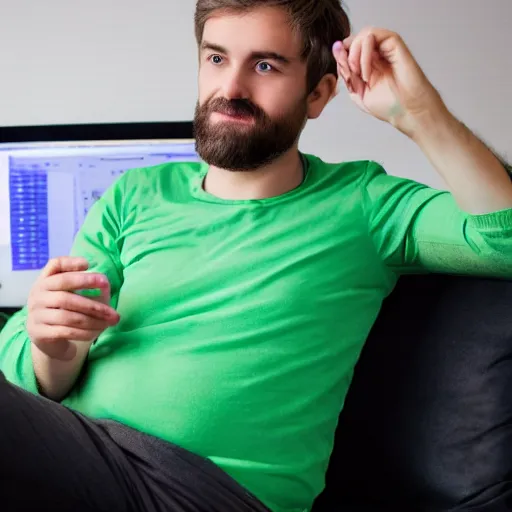 Prompt: caucasian man with green shirt sitting in front of computer with camera! mounted on top