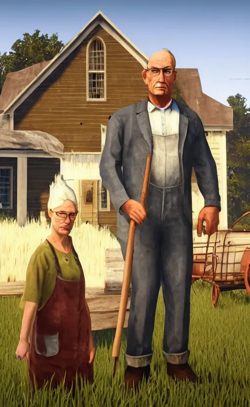 Prompt: An old farmer and his adult daughter in American Gothic by Grant Wood in the style of GTA V, unreal engine