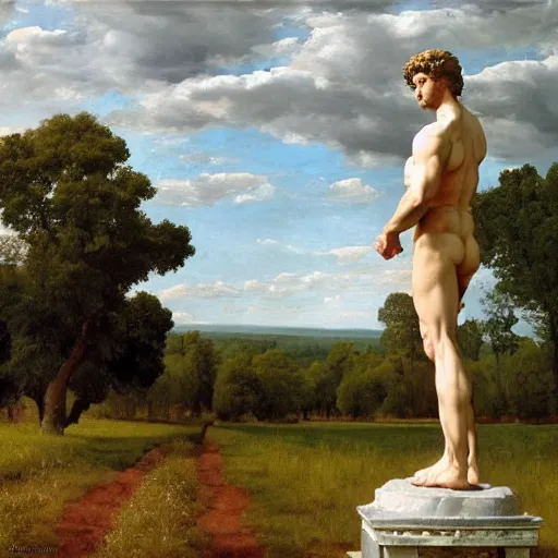 Prompt: statue of david stands in the middle of a field, David (Michelangelo), Rye (Shishkin), painting by Ivan Shishkin, painting by Valentin Serov, oil painting, hyperrealism, beautiful, high resolution