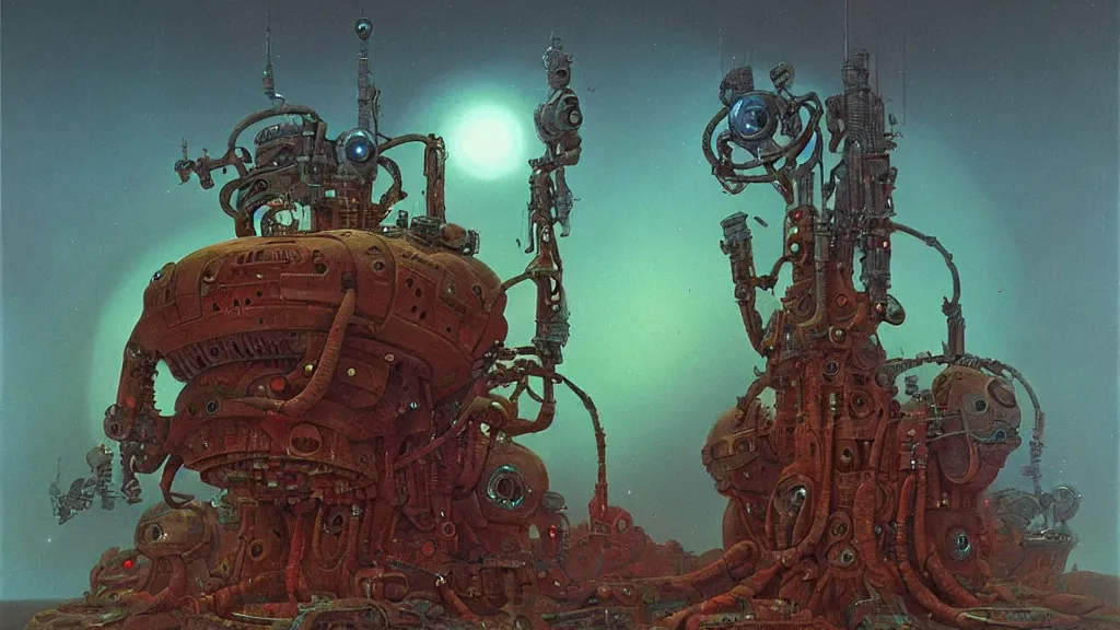 Image similar to mysterious whimsical sculpture of alien technology by paul lehr and john schoenherr and john harris, cinematic matte painting