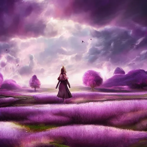 Image similar to landscape of an alice and wonderland themed landscape, purple clouds look the sky, dynamic lighting, fantasy concept art, trending on art station, stunning visuals, creative, cinematic, ultra detailed