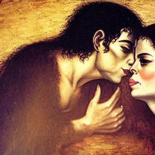 Prompt: alex jones and michael jackson kissing, da vinci painting,