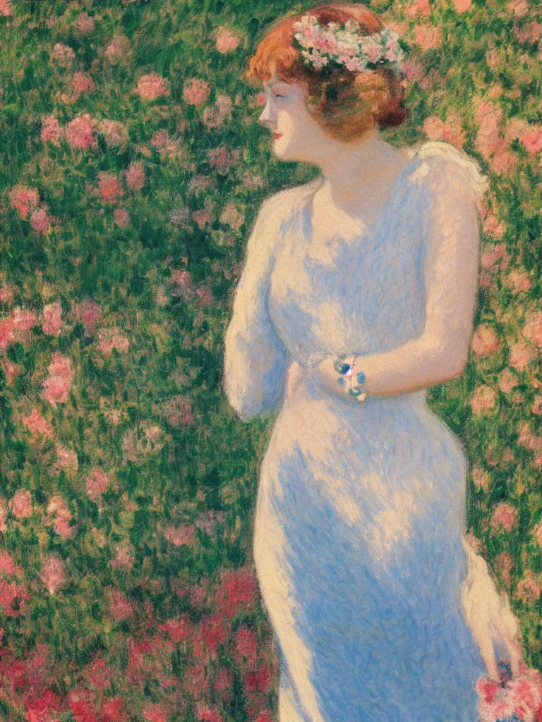 Image similar to portrait of < zelda fitzgerald > as a beautiful young lady wearing 1 9 2 0 s fashion, slim, fair, severe out of focus, depth of field, pleinairism, in the sun, backlit, closeup, oil on canvas, atr by monet, in the style of le promenade, smooth, impressionnisme, 8 k