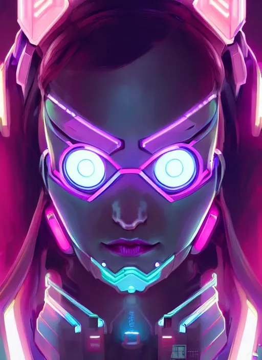 Image similar to symmetry portrait of dva from overwatch, closeup, sci - fi, tech wear, glowing lights intricate, elegant, highly detailed, digital painting, artstation, concept art, smooth, sharp focus, illustration, art by artgerm and greg rutkowski and alphonse mucha