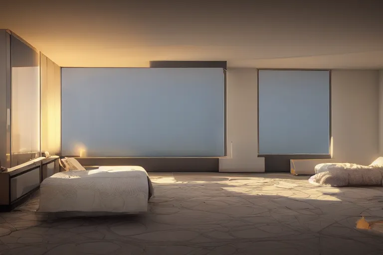 Image similar to a futuristic furnished bedroom with a large window at sunset, godrays, luxury furniture , white bed, complementary colors, warm lighting, path traced, highly detailed, high quality, concept art, 8k, calm, trending on Artstation, full of furniture