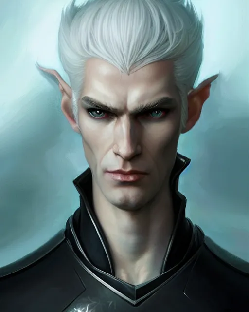 Image similar to character portrait of a slender young half elven man with white hair, piercing turquoise blue eyes, and pale blue skin, wearing sleek black armor, by greg rutkowski, mark brookes, jim burns, tom bagshaw, trending on artstation