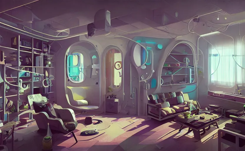 Prompt: Interior shot of a futuristic cozy studio apartment by Petros Afshar and Beeple, James Gilleard, Mark Ryden, Wolfgang Lettl highly detailed