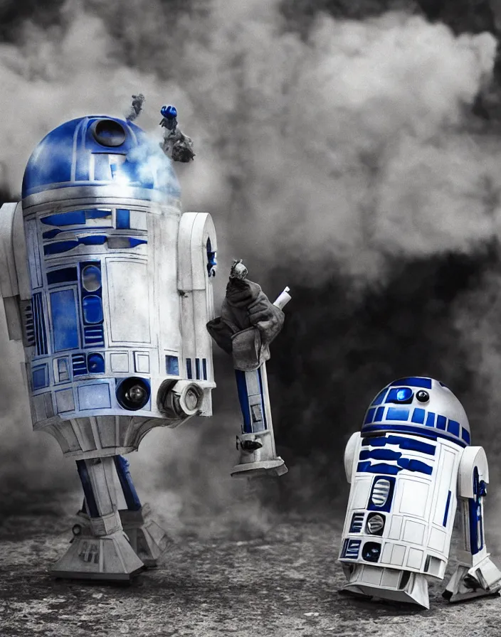 Prompt: r 2 d 2 smoking a blunt, photography, photoreal, starwars