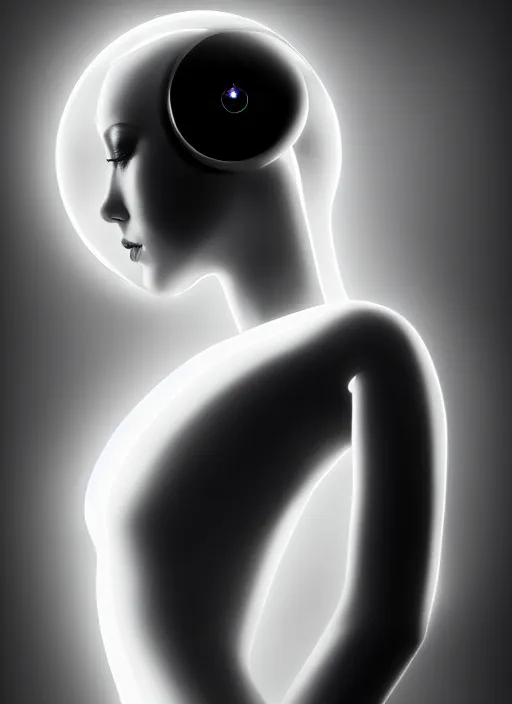 Image similar to surreal mythical dreamy dark artistic black and white fine art fashion portrait photo of a young beautiful delicate female metropolis robot kissing her mirror reflection, spiritual, halo, glory, rim light, cinematic, studio dramatic light, poetic, masterpiece, octane render, 8 k, photo - realistic by dora maar man ray