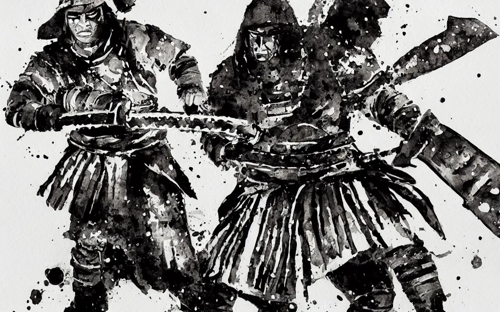 Image similar to samurai wielding a chainsaw, black and white watercolor