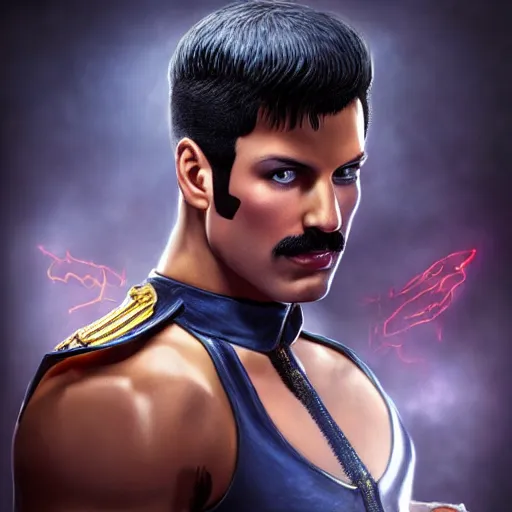 Image similar to freddy mercury as ken street fighter, portrait, ultra realistic, concept art, intricate details, highly detailed, photorealistic, octane render, 8 k, unreal engine, art by frank frazetta, simon bisley, brom