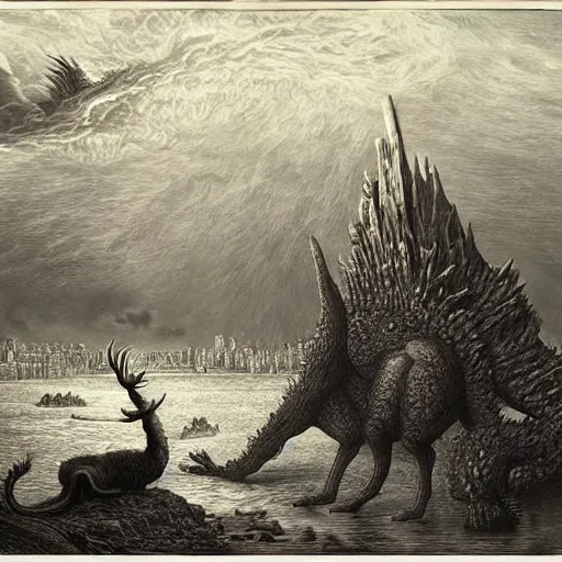 Image similar to godzilla sized deer demolish city, gustave dore, hiremious bosch, lovecraft, highly detailed, intricate, dramatic, realistic