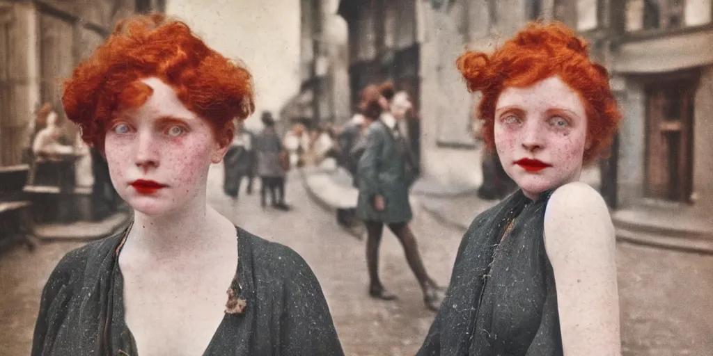 Prompt: dream a young red haired woman with freckles looks deeply into the camera, 1920's london street, 100, 50mm, art nouveau, f4.0, style of Joel Meyerowitz, gustav klimpt