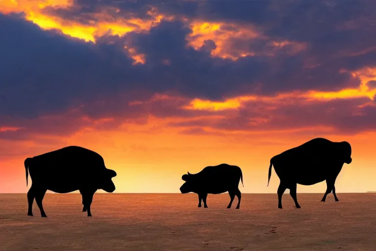 Image similar to concept art, of buffaloes on a beach, sunset, 30mm, canon, very hot, crowded, artstation