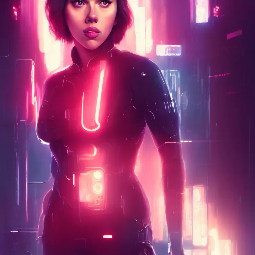 Prompt: 3 / 4 portrait, scarlett johansson as major mira killian from ghost in a shell, night, crop top, beautiful, in a modern city, neon signs, jewelry, artstation, william bouguereau, rossdraws, greg rutkowski, super detailed, realistic, octane render, volumetric, cinematic, 8 k