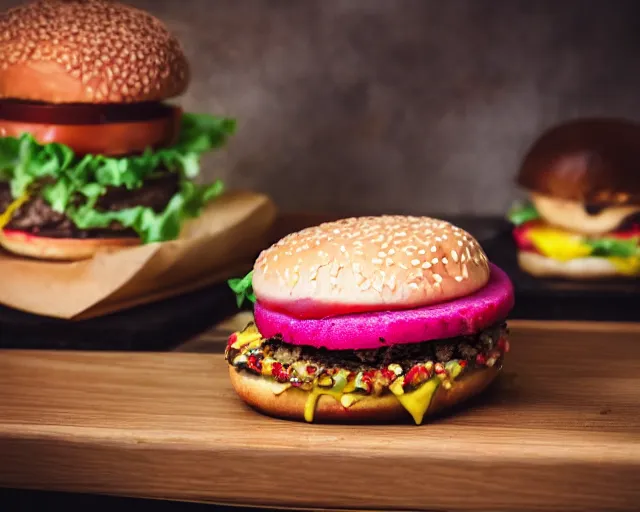 Prompt: dslr food photograph of burger with a pink raw patty in it, 8 5 mm f 1. 4