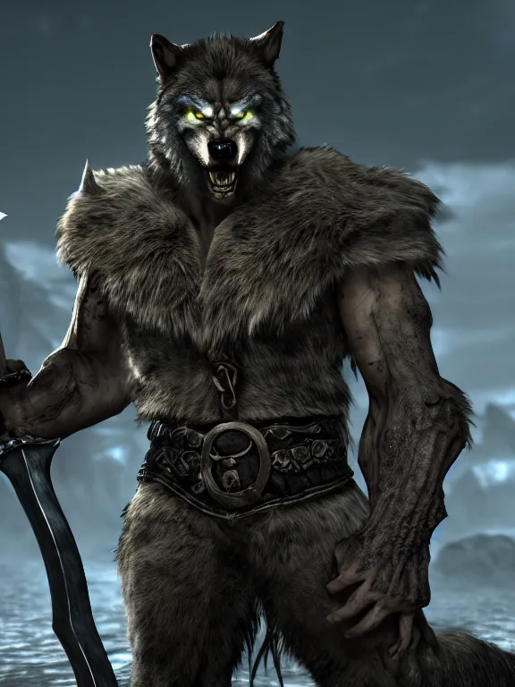 Image similar to cute handsome cuddly burly surly relaxed calm timid werewolf from van helsing holding a sword unreal engine hyperreallistic render 8k character concept art masterpiece screenshot from the video game the Elder Scrolls V: Skyrim