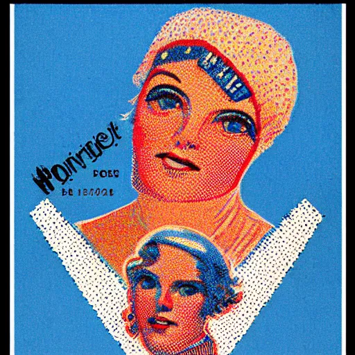 Image similar to pointillism stamp, vintage clothing poster, precise stippling, cross - hatching, a face of an old warrior, blue and red two - tone, retro label, vintage art deco, 1 9 2 0 s advert