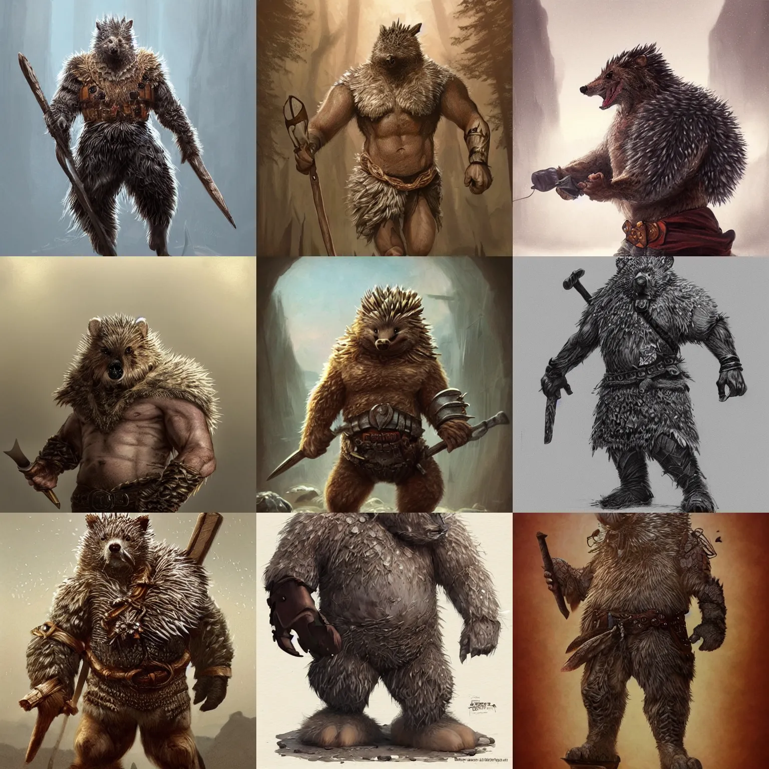 Prompt: anthropomorphic rugged hedgehog!!! with furry!! oversized barbarian muscular armored upper body long hair, foggy mist, 👅 👅 , D&D, fantasy, intricate, elegant, highly detailed, digital painting, artstation, concept art, smooth, sharp focus, illustration, art by artgerm and beeple and greg rutkowski and alphonse mucha