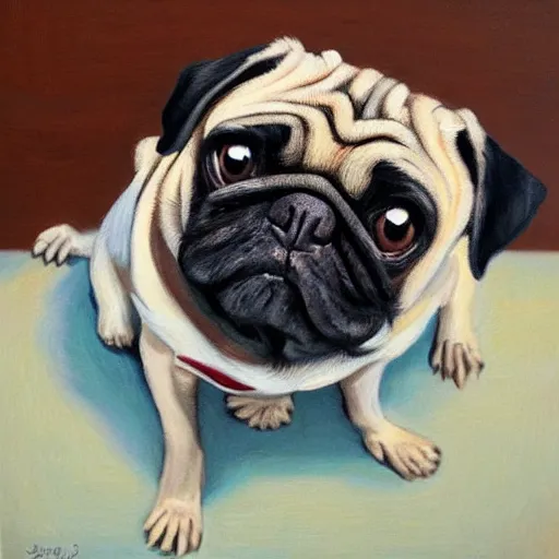 Image similar to pug in a suit, painting by ralph grady james, jean christian biville