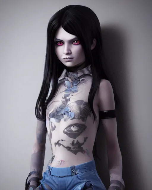 Prompt: teenage witch girl with black hair, blue eyes, sinister smile, octane render 、 unreal engine, behance, james jean