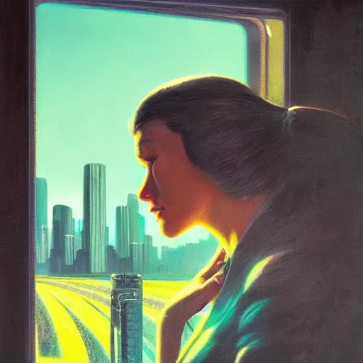 Image similar to detailed face of a woman, clockwork, moment, tectonic sky, skydome, bullet train, turbines, utopian, tech noir, wet reflections, prism, atmospheric, ambient, pj crook, syd mead, livia prima, greg rutkowski, edward hopper