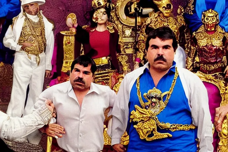 Image similar to el chapo is a genie standing in the middle of a grandiose mexican mansion. everything is made out of gold. el chapo the genie is sipping on wine. the mansion is incredible and ornate. chapo has a clockwork chain. there are princesses and queens everywhere around him because they love him, lovely scene of a genie being a pimp