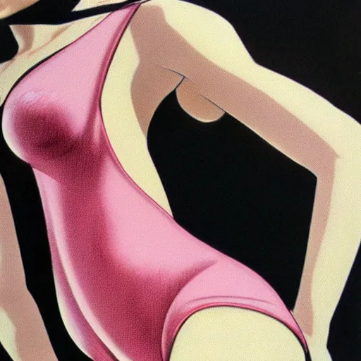 Prompt: hajime sorayama pink swimsuit 1 9 4 7, lithograph on paper