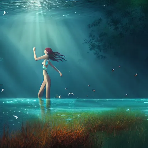 Prompt: young girl swimming in underwater forest with birds, light rays through water, sharp focus, Miyazaki, Makoto Shinkai, Highly Detailed, Cinematic Lighting, 8k, HD