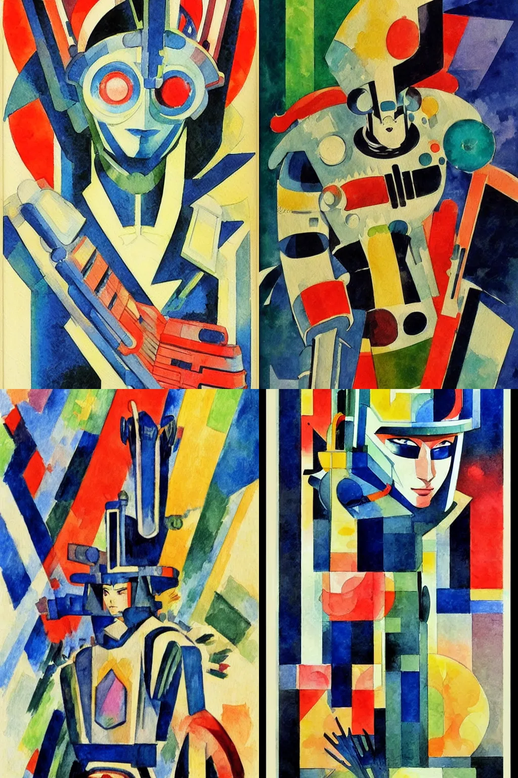 Prompt: vintage anime cinematic robot warrior by Sonia Delaunay, watercolor concept art by Syd Mead, by william herbert dunton, watercolor strokes, japanese woodblock, by Jean Giraud