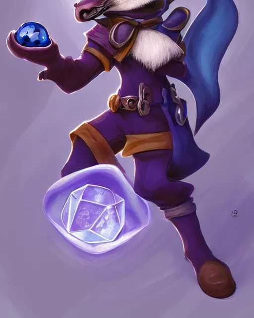 Image similar to 3 5 mm portrait of furry necromancer sly cooper raccoon holding a magical glowing gemstone in a crystal cave, d & d, magic the gathering, criag mullins, artgerm, wlop, disney, pixar,