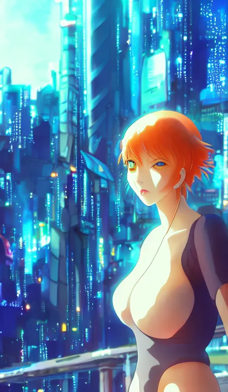 Prompt: anime fine details portrait of Nami in front of cyberpunk moder city landscape on the background deep bokeh, close-up view, anime masterpiece by Studio Ghibli. 8k, sharp high quality anime, artstation