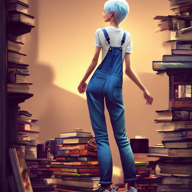 Image similar to full body pose, beautiful adult fairy, pixar, short white hair shaved sides, dirty, grungy, grunge, long sleeve, painted overalls, stacks of giant books, highly detailed, 4 k, hdr, smooth, sharp focus, high resolution, award - winning photo, artgerm, photorealistic