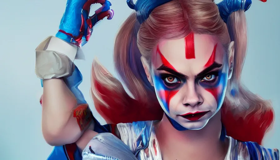 Prompt: Cara Delevingne as Harley Quinn, hyperdetailed, artstation, cgsociety, 8k