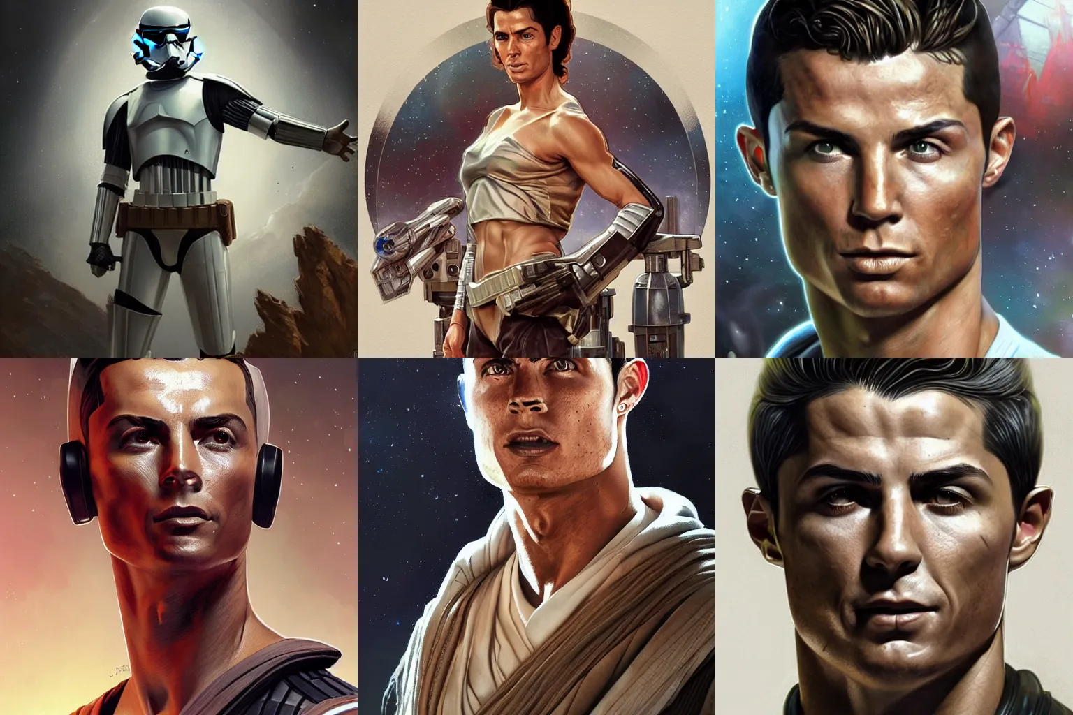 Prompt: cristiano Ronaldo Star Wars movie character, highly detailed, digital fantasy character, painted portrait, artstation, concept art, hard focus, illustrations, works by artgerm and Greg Rutkowski, Alphonse Mucha and Craig Mullins, James Jean, Andrey Ryabovichev, Mark Simonetti and Peter Morbacher, 16k,